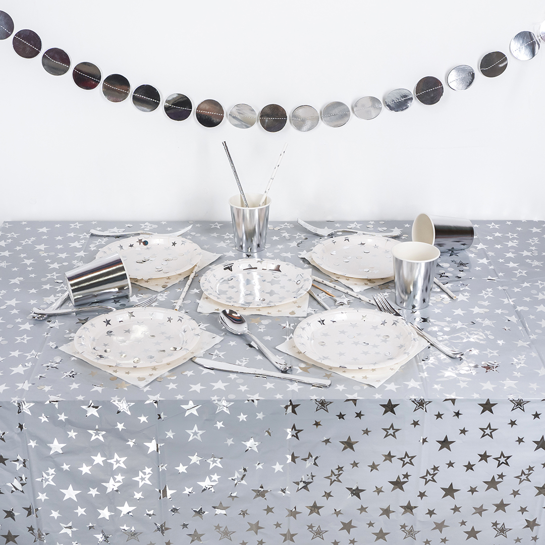 Тарелки (7''/18 см) Серебристые звезды, Белый/Серебро, Металлик, 6 шт.