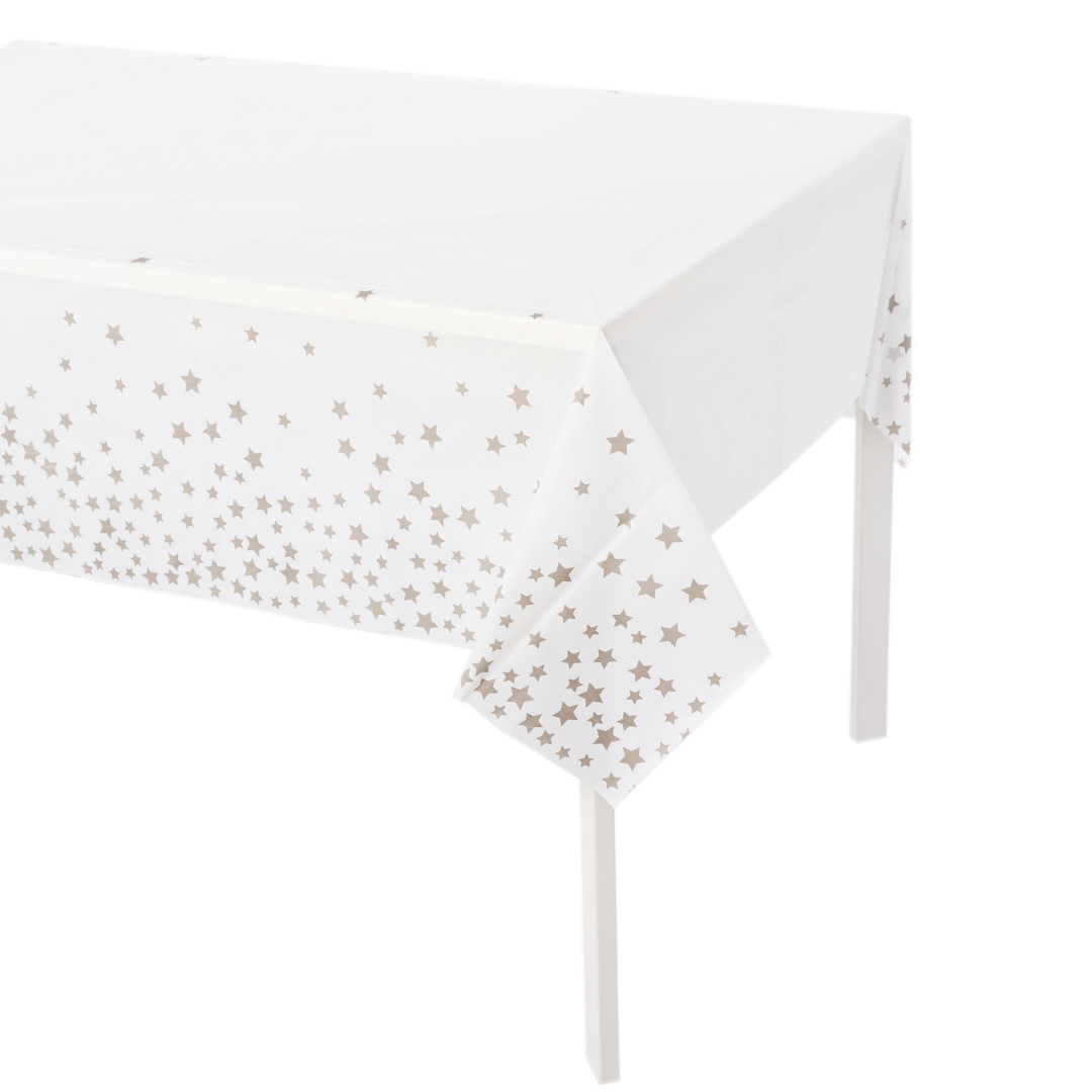Скатерть одноразовая, Звезды, Белый/Серебро, 137*274 см, 1 шт.