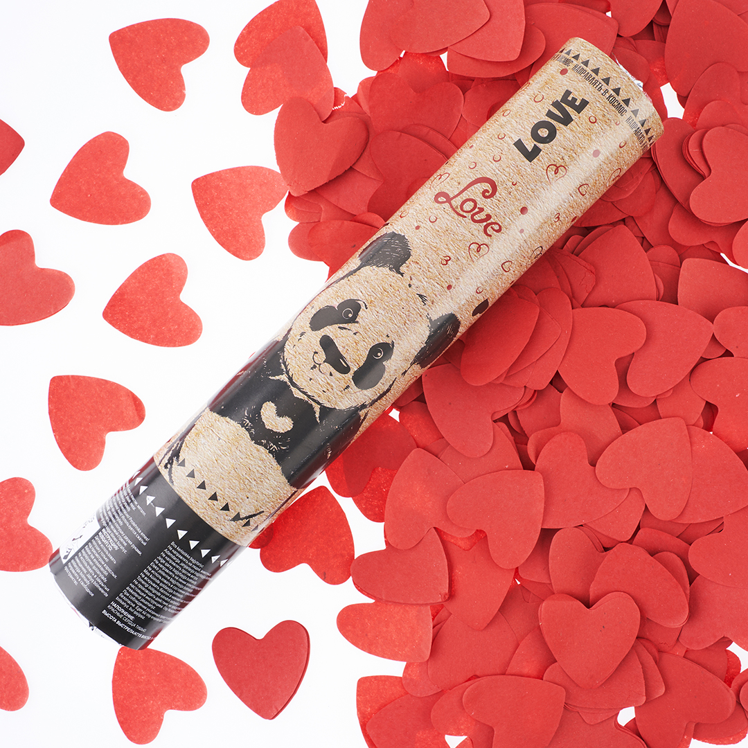 Пневмохлопушка (12/30 см), Панда, Сердца тишью, Красный, 1 шт.