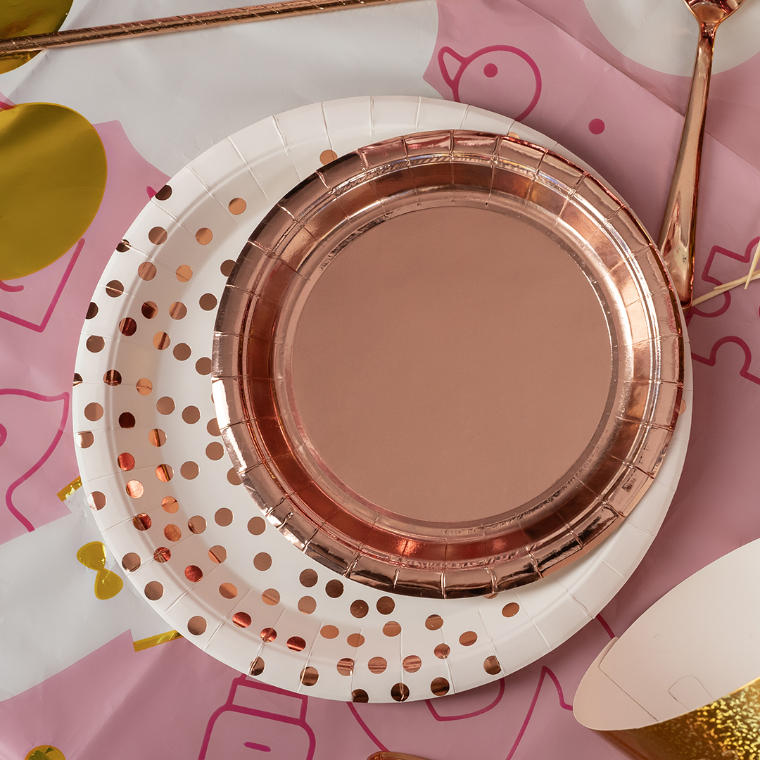 Тарелки (9''/23 см) Конфетти, Белый/Розовое золото, Металлик, 6 шт.